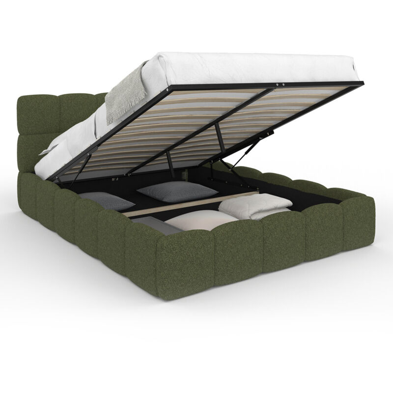 Lit coffre double NUAGE avec tête de lit matelassée et sommier 140 x 190 cm tissu bouclette vert kaki