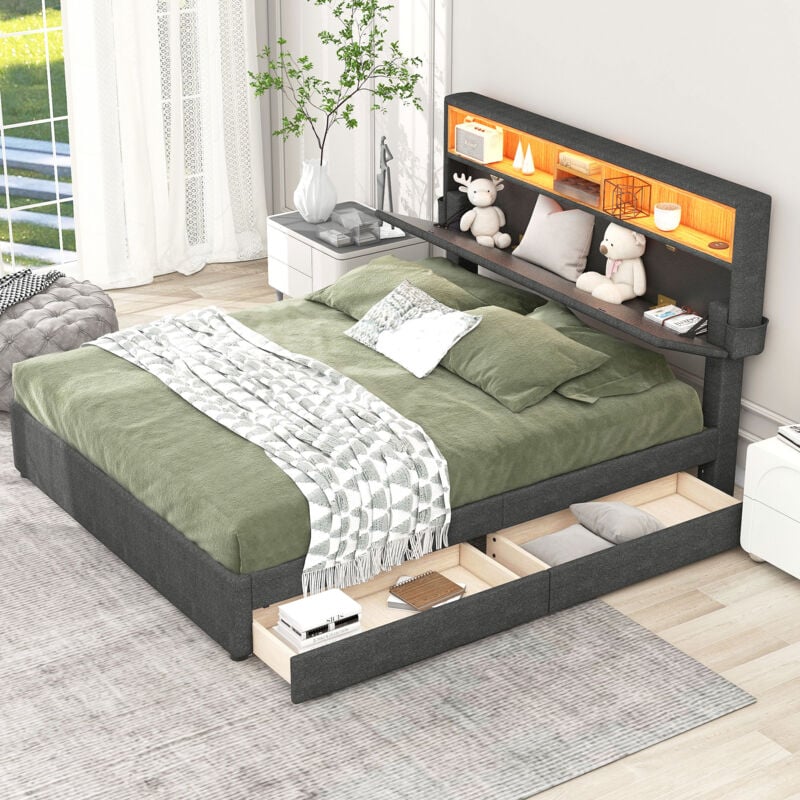 Lit coffre double capitonné, avec sommier à lattes, avec chargement USB et éclairage LED, 140x200cm, gris(sans matelas)