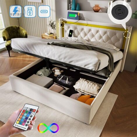 Lit coffre double rembourré LED, Tête de lit avec prise USB & type C, cadre de lit en coton, avec sommier à lattes pour jeune beige 160x200cm