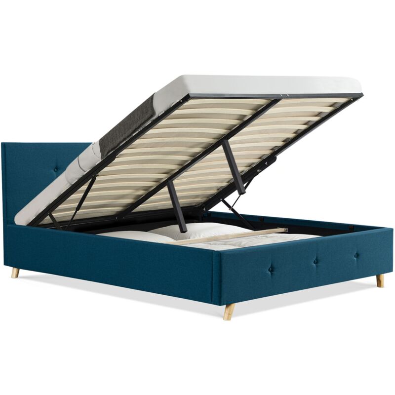 Lit coffre double scandinave lulea avec tête de lit et sommier 140 x 190 cm tissu bleu canard