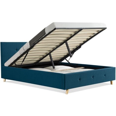 IDMARKET Lit coffre double scandinave LULEA avec tête de lit et sommier 140 x 190 cm tissu bleu canard