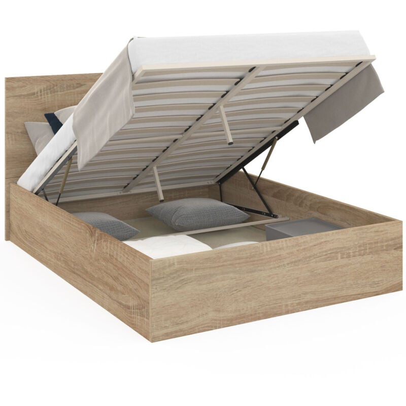 Lit coffre double seaside avec tête de lit et sommier 140x190 cm façon hêtre
