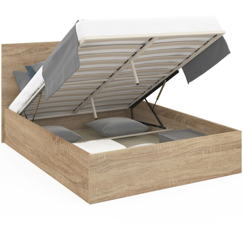 Lit coffre double seaside avec tête de lit et sommier 160 x 200 cm façon hêtre