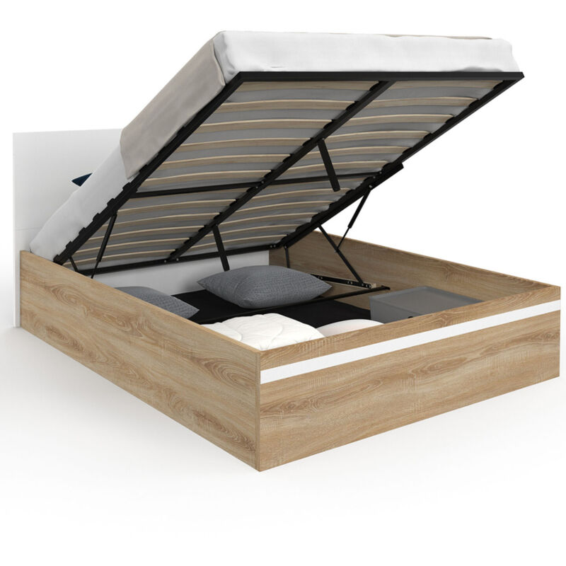 Lit coffre double seaside avec tête de lit et sommier 140 x 190 cm façon hêtre et blanc