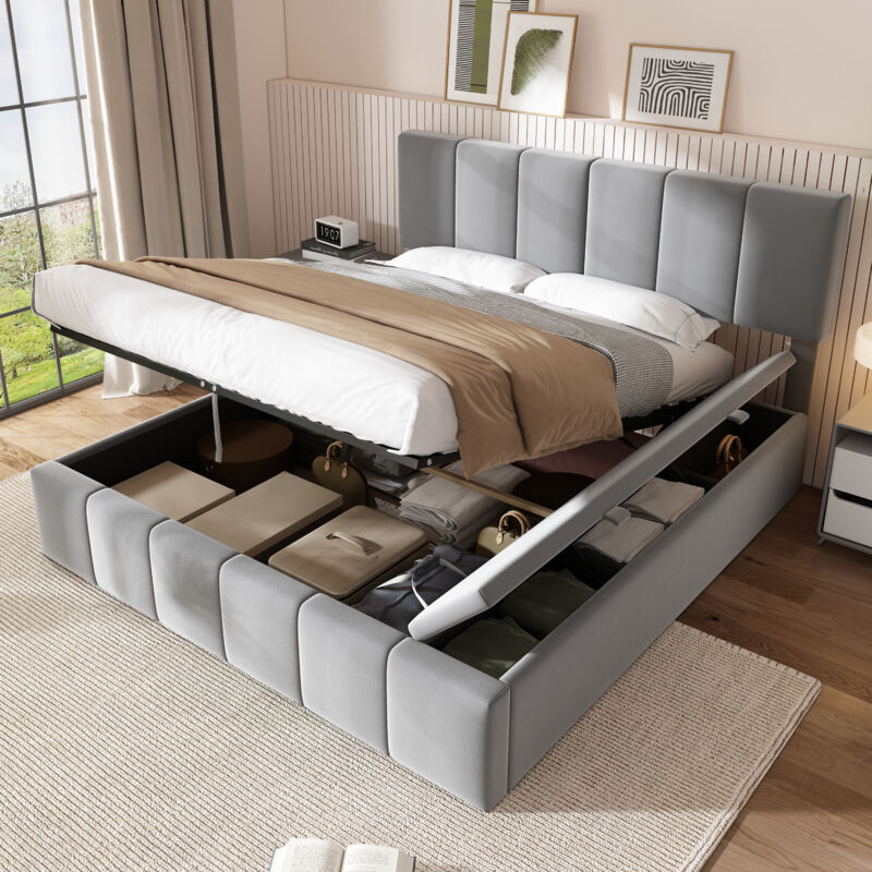 Lit coffre doubles pour adultes/enfants 160x200cm, hydrauliques, avec banquette intégrée, sommier à lattes, velours, sans matelas, gris