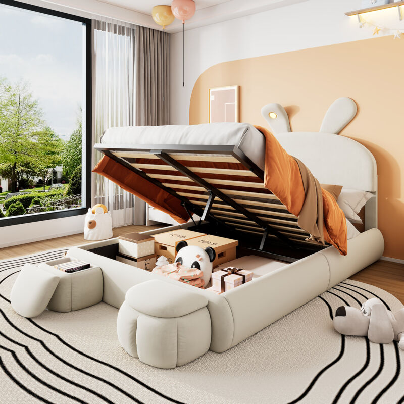 Lit coffre doubles pour enfants 140x200cm avec 2 tabourets de rangement, tête de lit en forme de lapin, hydraulique, led, velours, sans matelas, beige