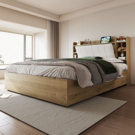 Lit coffre en bois 180 x 200 cm, Lit double avec tête de lit avec espace de rangement, équipé d'un port USB et d'une prise Tape-C, nature