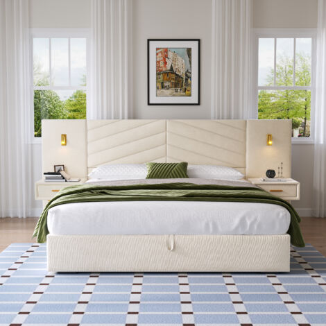 Lit coffre en bois et velours blanc beige 266x205x117 cm avec sommier à lattes et 2 tables de chevet