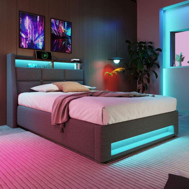 Lit coffre en lin 90x200cm avec LED et ports USB - sommier à lattes - gris