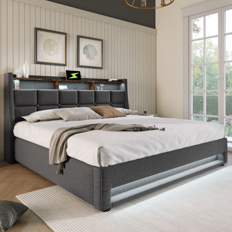 Modernluxe - Lit coffre en lin 180x200cm avec led et ports usb - sommier à lattes - gris
