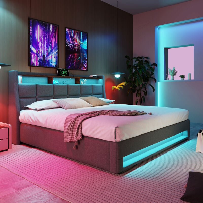 Modernluxe - Lit coffre en lin 140x200cm avec led et ports usb - sommier à lattes - gris