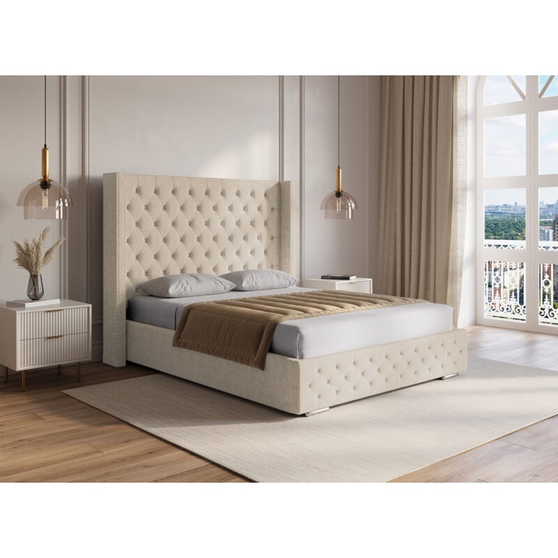 Lit coffre en tissu lin beige 140x190 cm maxi