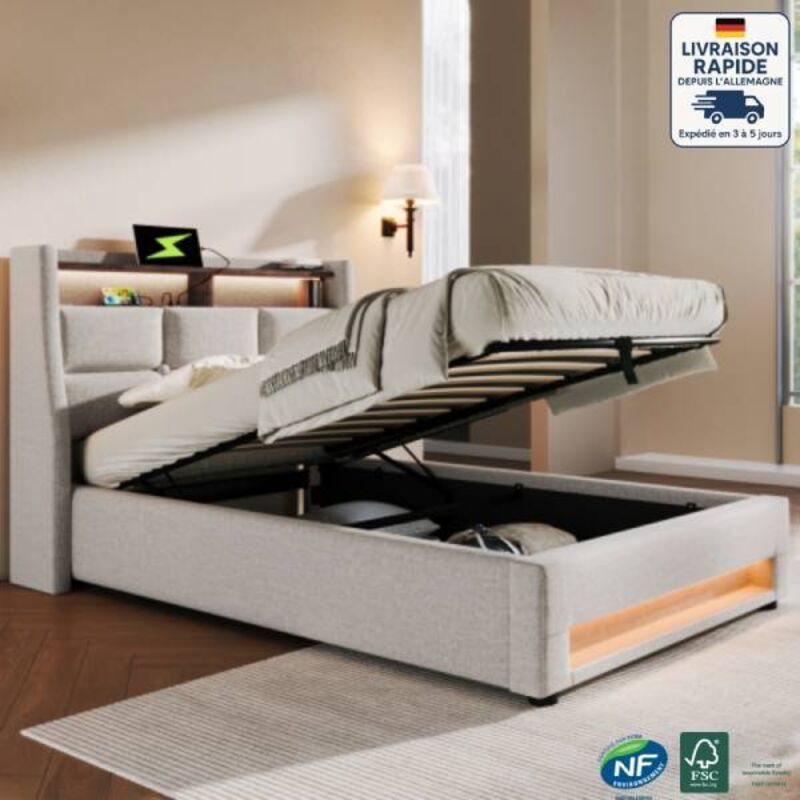 Lit coffre en lin 90x200cm, lit simple pour adultes/enfants, usb, led, sans matelas, beige