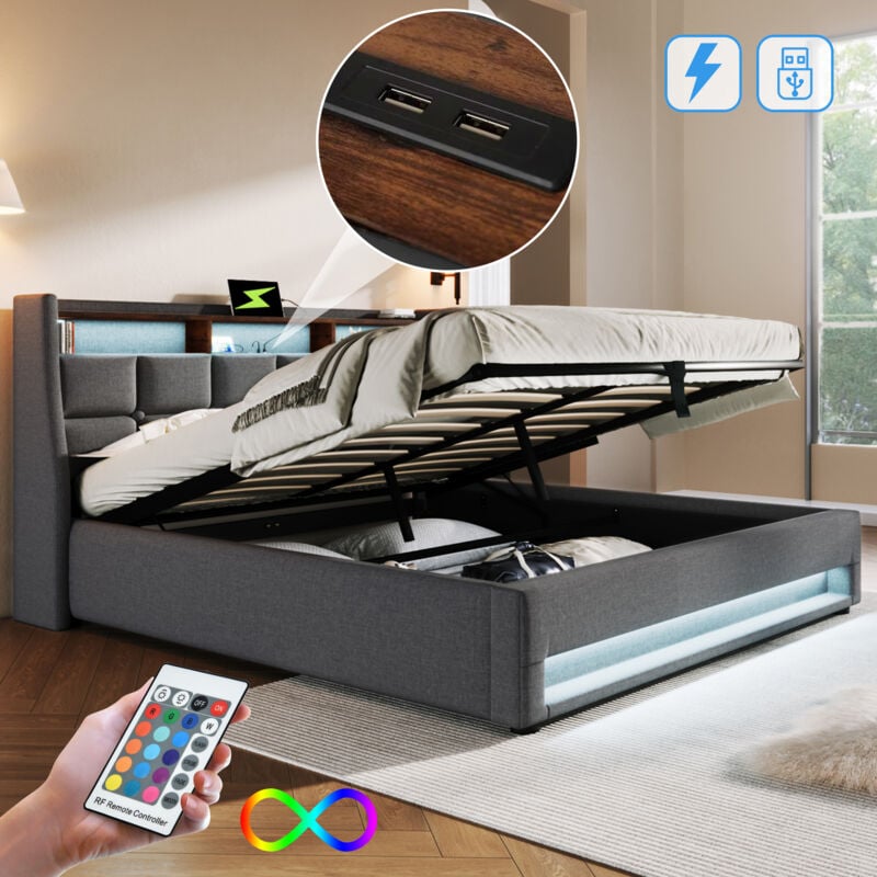 Lit coffre en lin 140x200cm, lit double pour adultes, LED, USB, sans matelas, gris