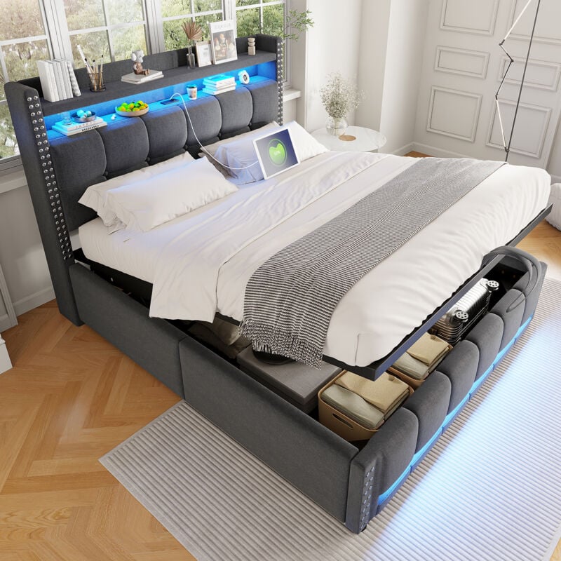 Lit coffre en lin 140x200cm, lit double pour adultes/enfants, led, usb, sans matelas, gris