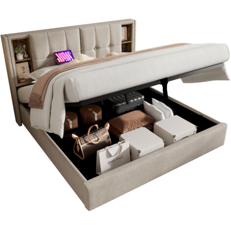 Lit coffre en lin naturel 140x200 cm avec charge sans fil, USB, USB-C, sommier à lattes et matelas inclus