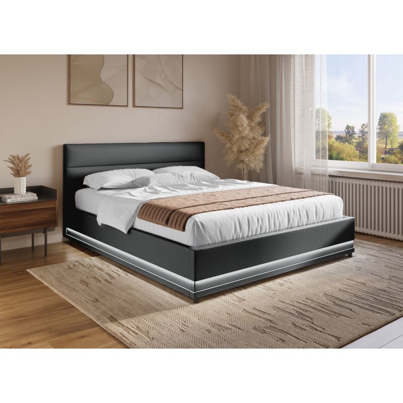 ELENCE - Lit coffre en simili cuir noir 180x200 cm ELENCE
