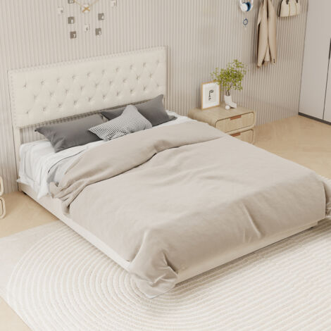 Lit coffre en tissu beige 160x200 cm, cadre métal, tête de lit haute, sommier à lattes, sans matelas