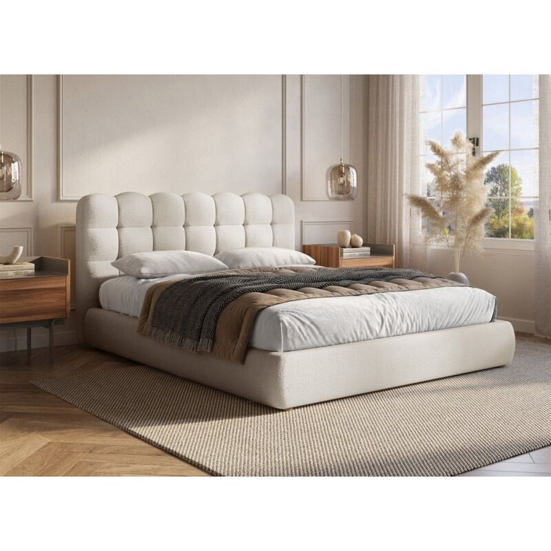 Lit coffre en tissu bouclette beige 160x200 cm BISCUIT