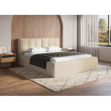 Lit coffre en tissu bouclette beige 160x200cm YUNA