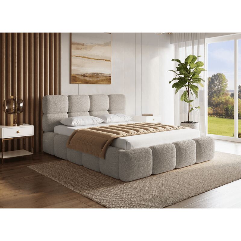 Lit coffre en tissu bouclette taupe 140x190 cm BUBBLE