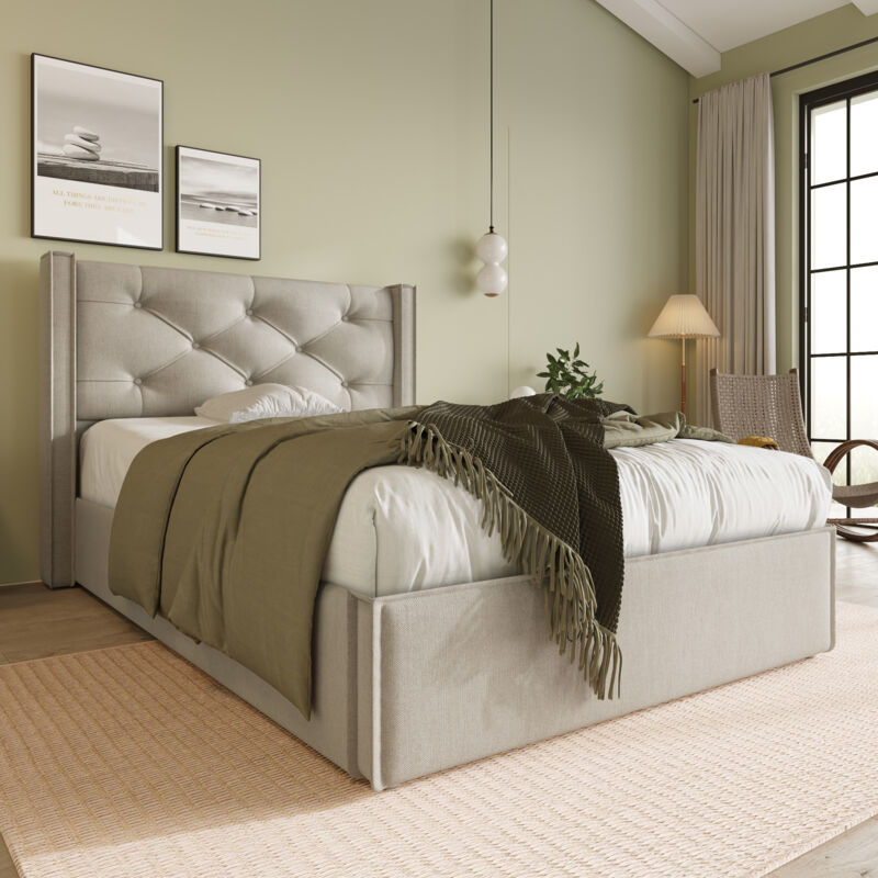 Modernluxe - Lit coffre capitonné 90x200cm en tissu coton - avec sommier à lattes - Gris Clair