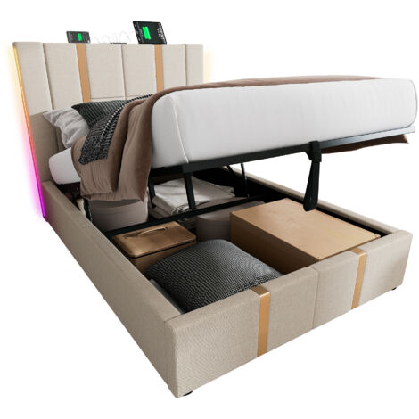 Lit coffre en tissu lin beige 90x200 cm avec LED RGB, ports USB/Type-C et sommier à lattes inclus