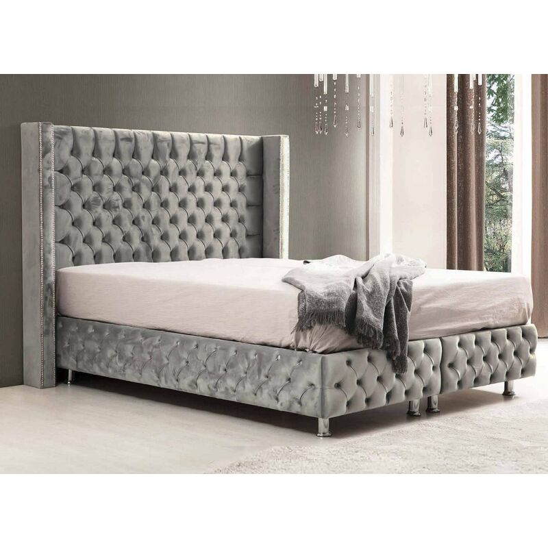 Lit coffre en tissu velours gris 180x200 cm CYRINE