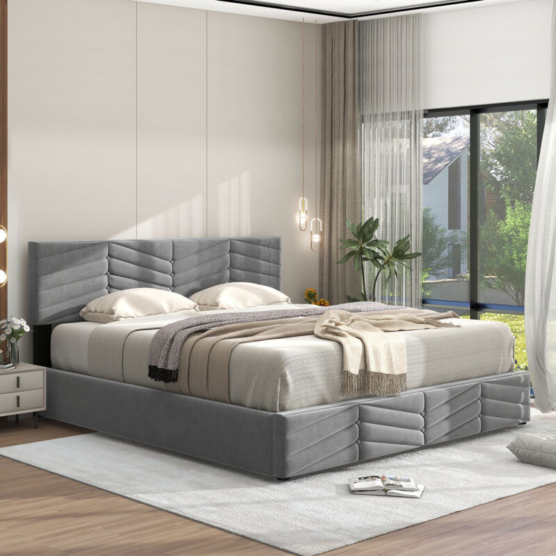 Modernluxe - Lit coffre en velours 140x190cm - avec tête de lit réglable et sommier à lattes - Gris
