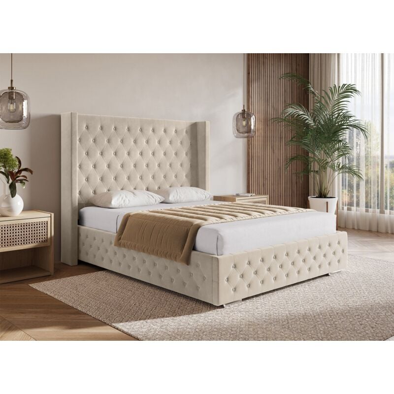 Perla - Lit coffre en velours beige 140X190 cm perla