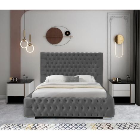 Lit coffre en velours capitonné - SABA 2 - 180x200 cm - Gris