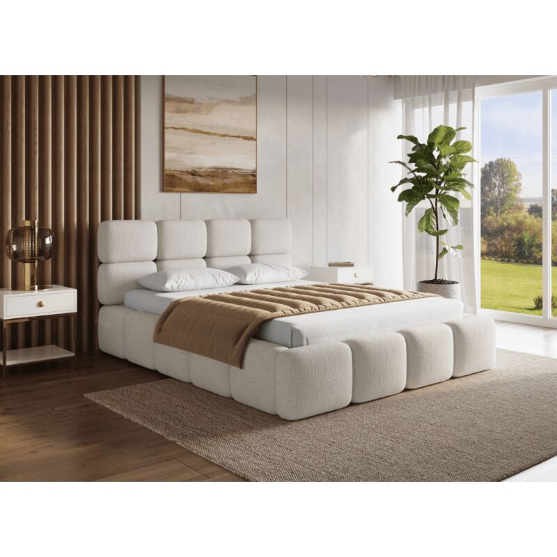 Lit coffre en velours chiné beige 140x190 cm BUBBLE