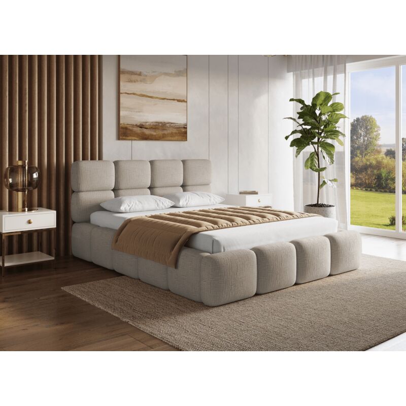 Lit coffre en velours chiné taupe 140x190 cm BUBBLE
