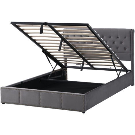 Lit coffre en velours gris 140x190 cm avec sommier à lattes, tête de lit 103 cm, ouverture hydraulique, sans matelas