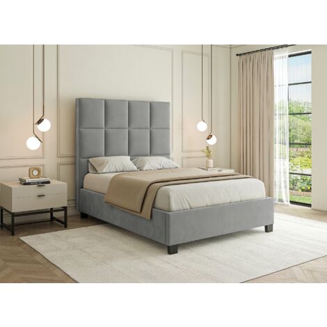 Lit coffre en velours gris design CAROLINE 140 x 190 cm
