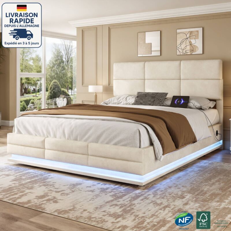 Lit coffre en velours, hydraulique, lit adulte, lit double avec usb et led, sans matelas, beige, 140x200cm