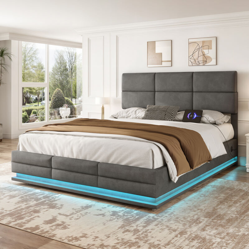 Lit coffre en velours, hydraulique, lit adulte, lit double avec usb et led, sans matelas, gris, 140x200cm