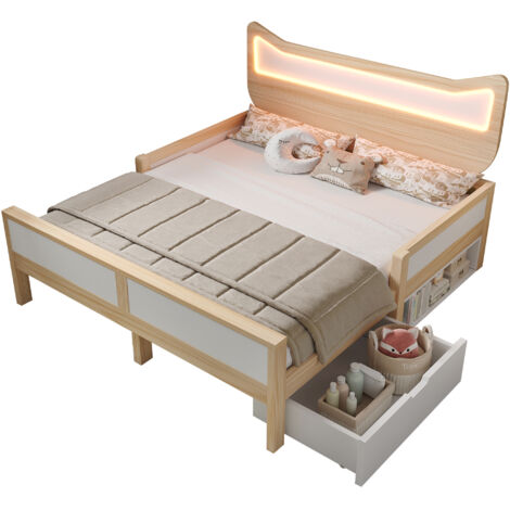 Lit coffre enfant 140x200cm avec tête lit oreilles de chat éclairage led tiroir rangement montable gauche droite barrières sécurité, bois blanc chêne