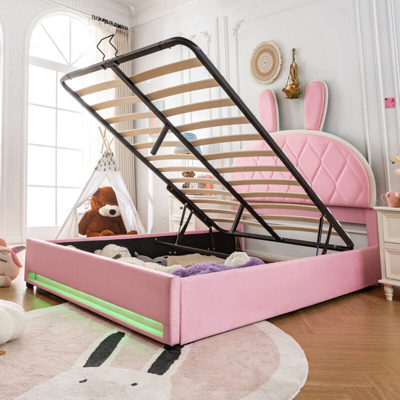 Lit coffre enfant 140x200cm, tête de lit réglable, led, forme lapin, sommier à lattes métal, velours, rose, sans matelas