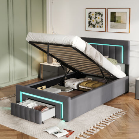 Lit coffre enfant 90x190 cm, lit avec rangement hydraulique, éclairage LED et tiroir, gris, en velours, sans matelas