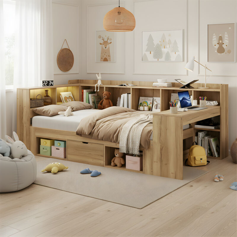 Lit coffre enfant 90x200 cm avec LED, charge USB et Type-c, bureau, rangements (étagères+tiroirs), design L, bois, naturel