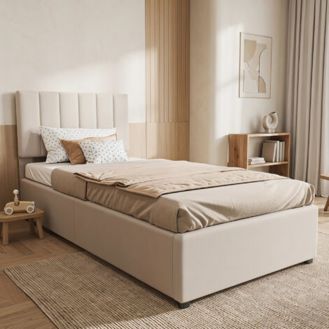 Lit Coffre Enfant 90x200cm, Lit simple rembourré 90x200cm , lit adulte avec sommier à lattes, lin, beige (Sans Matelas)