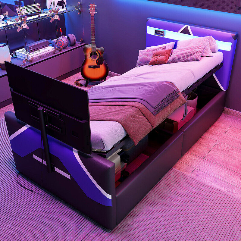 Lit coffre enfant 90x200cm - style e-sport - avec lumières LED - avec support TV intégré - noir + bleu (matelas non inclus)