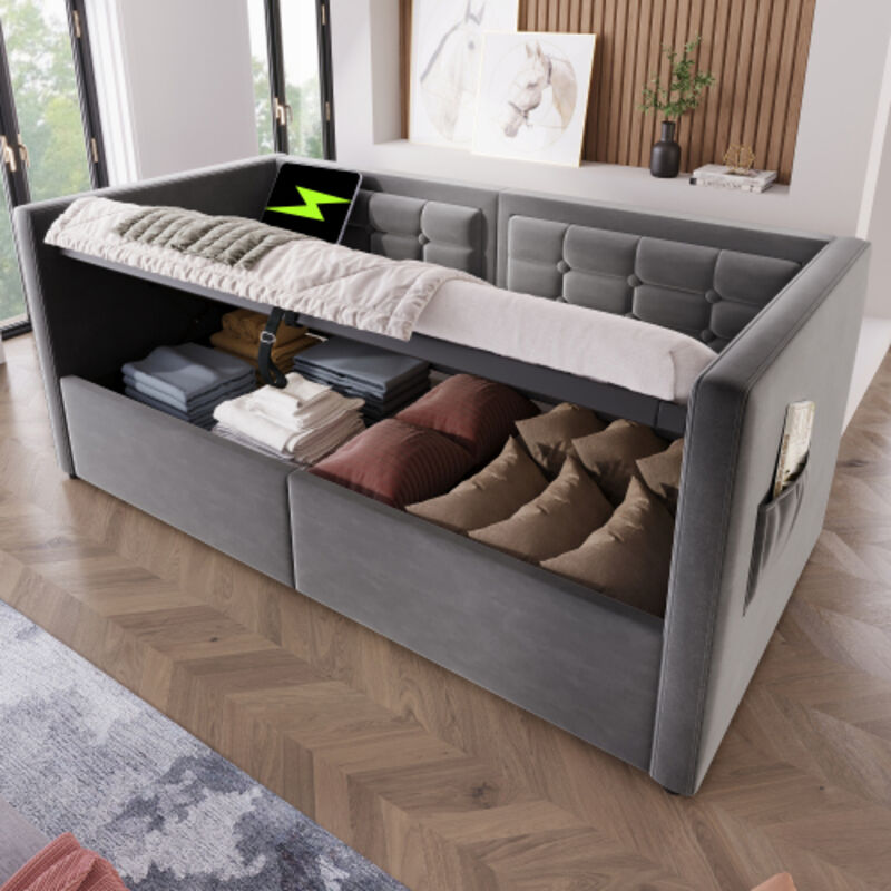 Lit coffre enfant 90x190 cm avec prise USB et sommier à lattes, en bois, sans matelas, gris