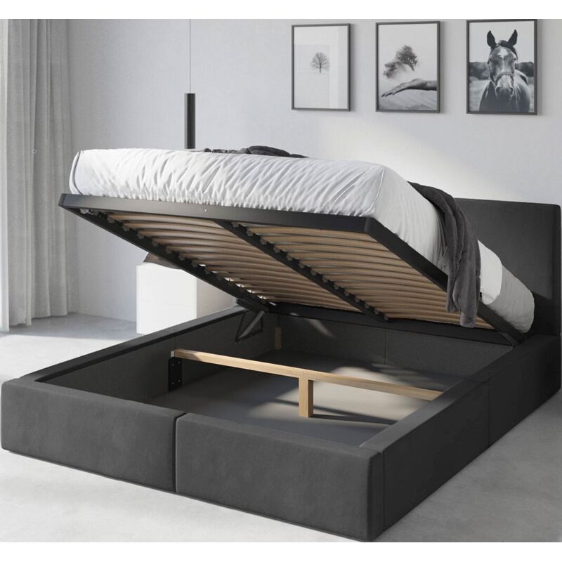 Lit coffre-Hilton-dim. 131x213-dim.matelas 120x200 cm- Sommier avec cadre en metal- Tête de lit tapissé- Sans matelas (graphite)
