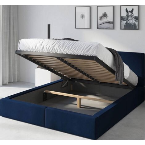 Lit coffre-Hilton-dim. 151X213-dim.matelas 140x200 cm- Sommier avec cadre en metal- Tête de lit tapissé- Sans matelas (bleu)