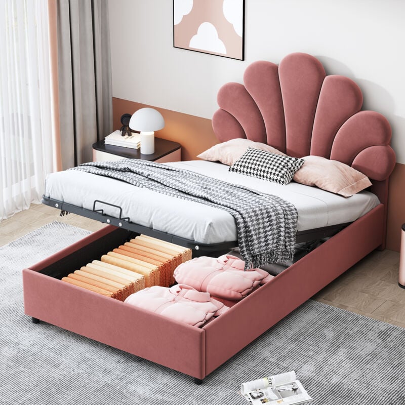 Hauss Spole - Lit coffre 90 x 200 cm, tête de lit réglable en hauteur, hydraulique, lit adulte, velours, sans matelas, rose