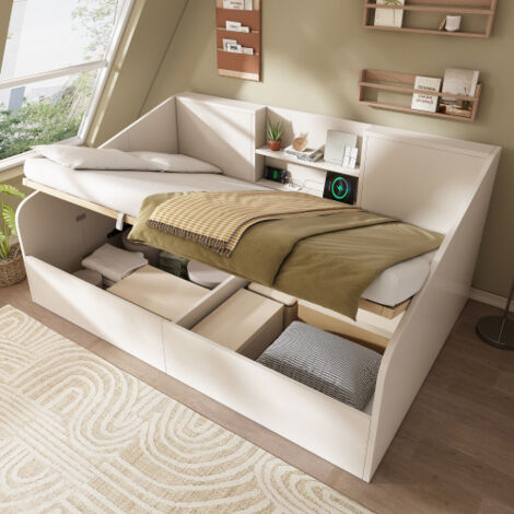 Lit coffre hydraulique 140x190 cm avec 2 niches et portsUSB, lit double avec sommier à lattes, bois blanc