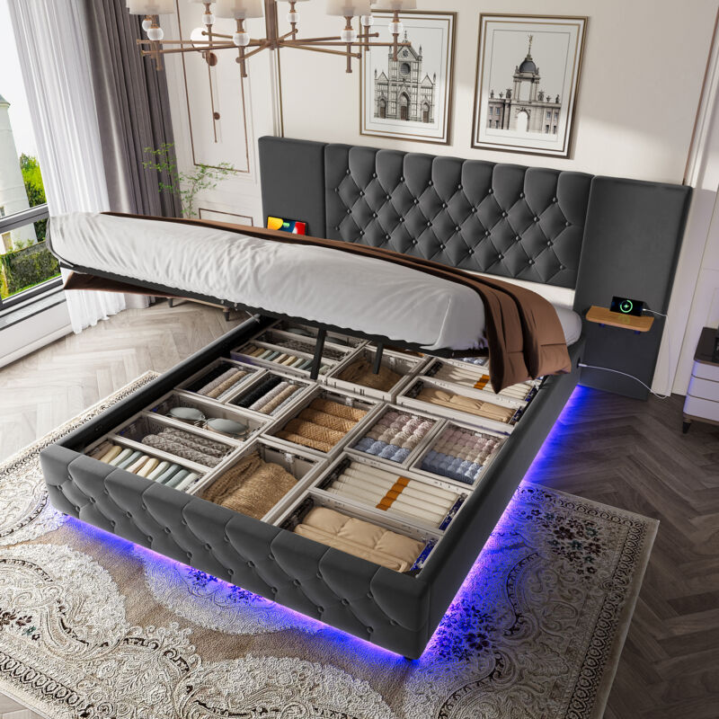 Redom - Lit coffre hydraulique 140x200 cm, lit adulte avec tête de lit, éclairage led, ports usb, cadre de lit moderne, Gris