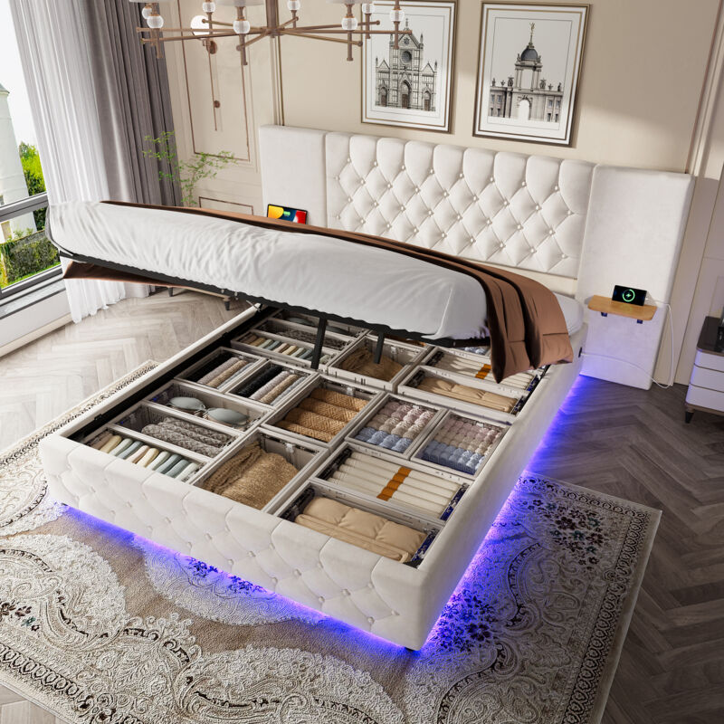 Redom - Lit coffre hydraulique 140x200 cm, lit adulte avec tête de lit, éclairage led, ports usb, cadre de lit moderne, beige